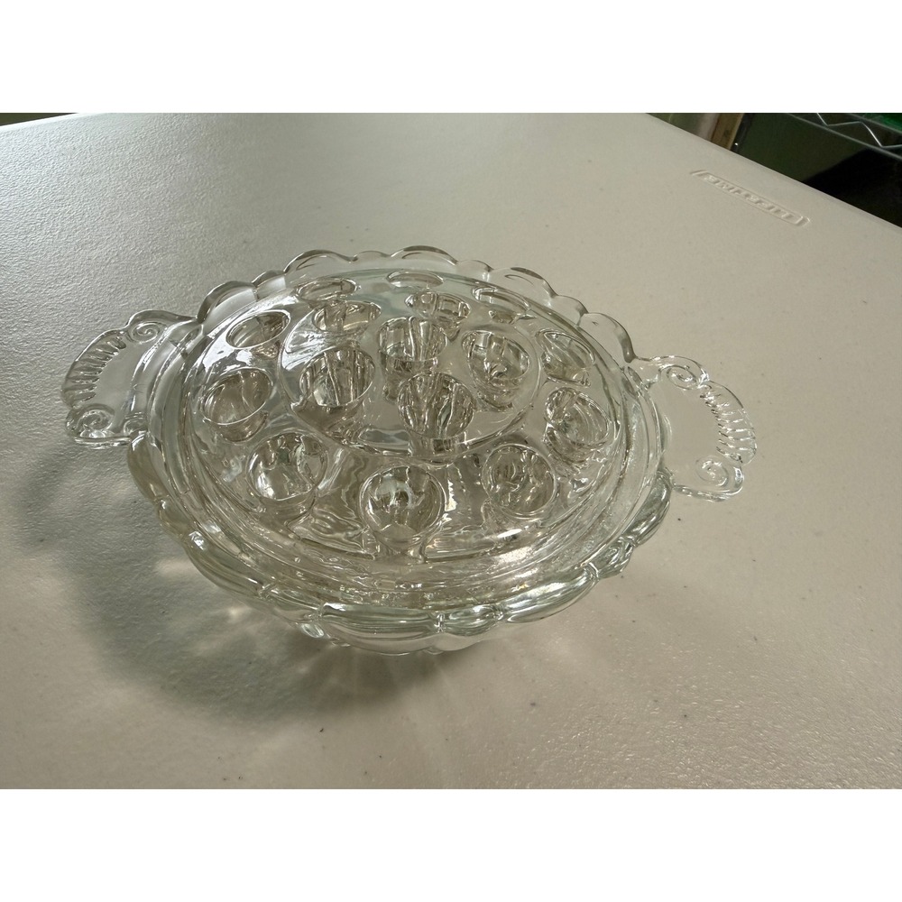 Vintage Clear Pressed Glass Flower Frog and Scalloped Handle Bowl‎ Set 2 Piece
